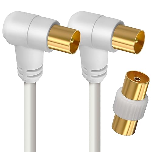APM Câble TV Antenne 9.52mm, Coudé 2 Mètres, Connecteurs Gold Mâle/Mâle, Cordon Coaxial 90° Blanc avec Adaptateur Femelle/Femelle Inclus, Compatible TV Décodeur TNT Fiche Murale 9.52mm, 408018