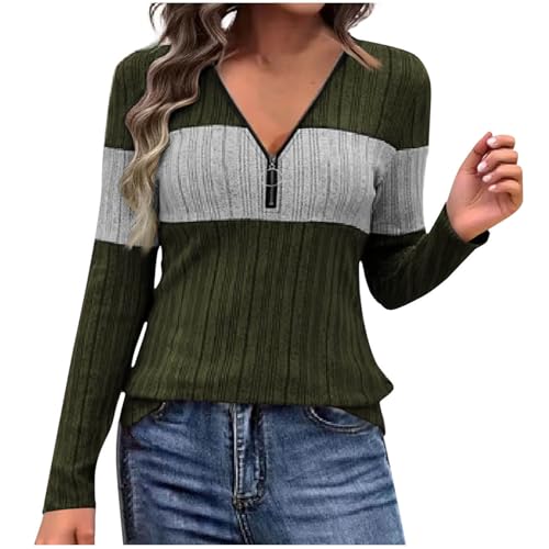Camiseta Manga Larga Mujer,Camiseta Mujer de Cuello V con Cremallera Casual Color Block Blusa de Punto Sueltos Tumblr Tops Casual Fiesta Shirt Jersey Original Verano Otoño Basic Suéter