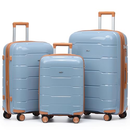 CRUW 3-Piece Luggage Set Expandable Polypropylene Suitcase Set TSA Locks 8 Silent Spinner Wheels Lightweight Nested Suitcases Travel Set easyJet British Airways Jet2 Approved Carry-On Blue/Tan