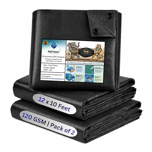 Image of Premium 12x10ft Black Tarpaulin, Thadika, 120 GSM Virgin Tharpai Sheet, Heavy Duty Waterproof Tadpatri Cover with Reinforced Eyelets & UV Protection, Ideal for Trucks, Farms, HomeUse, 2 Sheets