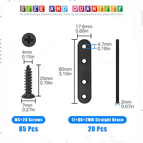 Glarks 20 Sets 80mm Flat Straight Corner Brace Black Metal Joint Plate Connector Repair Fixing Bracket with 85Pcs Screws for Wood Furniture (80x2mm) - Image 2