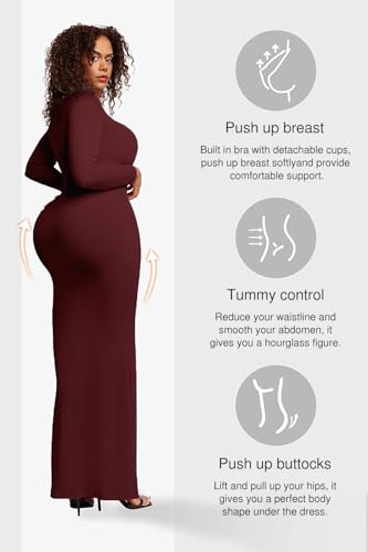 Image of Popilush Long Sleeve Formal Dress with Built in Shapewear Bra Maxi Dress | Light Tummy Control, Square Neck, Floor Length, Removable Cups, Wedding Guest Evening Bodycon Dress