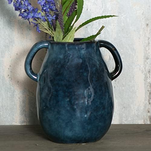 Tanvecle Blue Ceramic Vase with Handles, 7" Modern Farmhouse Decor
