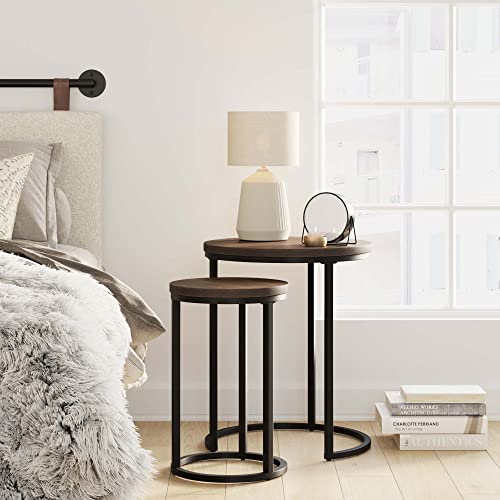 Nathan James Lula Nesting Round Side Set Of 2, Accent End Table For Living Room With Wood Or Marble Finish Tabletop And Metal Base, Nutmeg/Black #TOP5