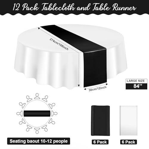 Image of 12Pack 12x108 Inch Satin Table Runner and 84 Inch Round Plastic Tablecloths White and Black Disposable Round Table Cover for Graduation Wedding Bridal Shower Anniversary Birthday Party Decorations