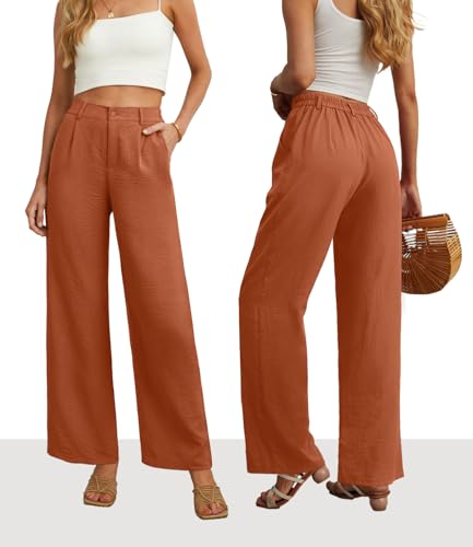 Image of Feiersi Womens Casual Wide Leg Pants High Waisted Button Down Straight Long Trousers Palazzo Pants