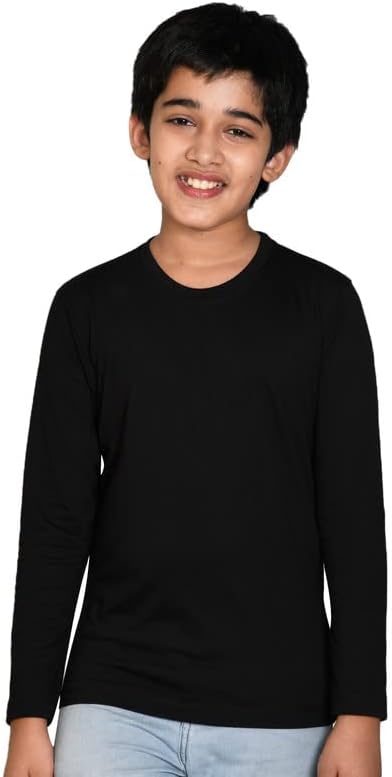 NusylBoys Boys Black Bio Washed Cotton Full Sleeve Solid Tshirt Western