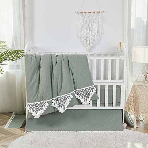 Image of Brandream Gender Neutral Boho Bohemian Baby Girl Boy Nursery Crib Bedding Set - 6pc - Solid Color Sage Green Farmhouse Chic Unisex Minimalist Tassel Fringe Macrame 100% Washed Cotton