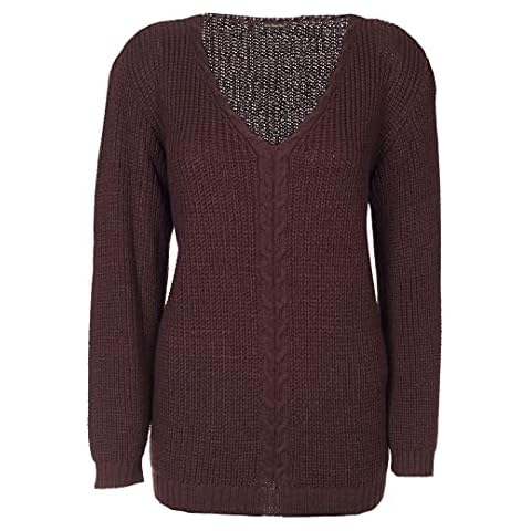 Lets Shop Shop Womens Ladies All Over Chunky Cable Knit Long Sleeve Jumper V Neck Top Knitted Pullover Sweater Size 10 12 14 16 18 20 22 24 (ML, Chocolate) Cover