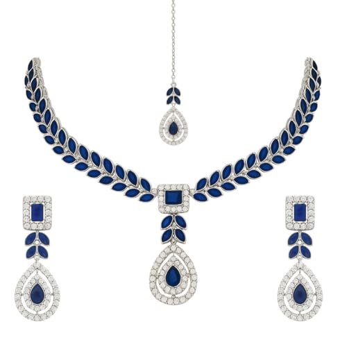 Image of I Jewels Silver Plated Elegant Leaf Motif Necklace Set with Earrings & Maang Tika for Women