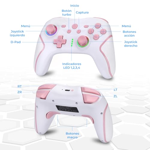Mando Switch Inalámbrico para Evitar Fatiga con Botones Macro Ajustables y Giroscopio Rosa 3