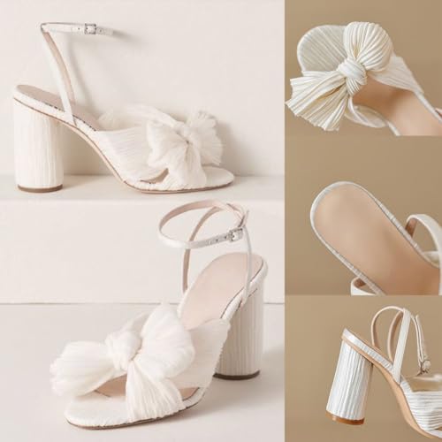 Lovee Cosee Women's Bow Knot Heeled Sandals Pleated Open Toe Ankle Strap Chunky Heels for Bride Wedding3