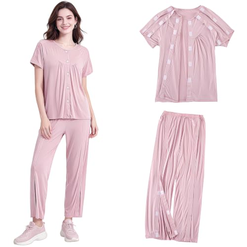 Image of Adaptive Post Surgery Pajama Set,Side Tear Away Patient Clothes for Women(Pink,M)