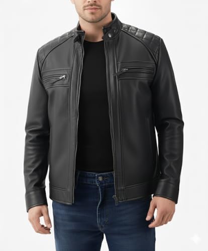 Mens Black Leather Jacket - Genuine Lambskin Cafe Racer Motorcycle Style Distressed Leather Jacket2