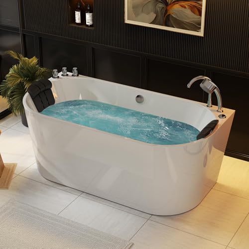 Empava 59 in. Acrylic Freestanding Tub Hydromassage Gracefully Oval Shaped Whirlpool 8 Water Jets Soaking SPA, Double-Ended Massage Bathtub with Two Black Pillow - Thumbnail 3