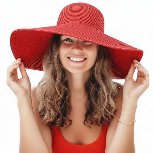 ASSQI Beach Summer Wide Sun Foldable hat for Women Red