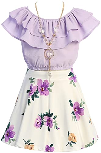 Image of Cold Shoulder Crop Top Ruffle Layered Top Flower Girl Skirt Sets for Girl