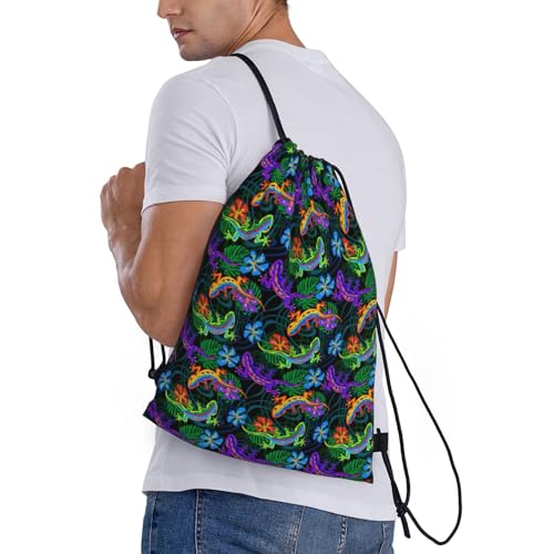 VOSERY Drawstring Backpacks, Artistic Colorful Gecko Lizard Draw String Back Bags for Men Women Gym Sports Swimming Travel2