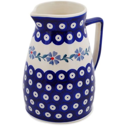 Authentic Polish Pottery Pitcher in Peacock Forget-Me-Not Design Handmade in Boles?awiec Poland + Certificate of Authenticity
