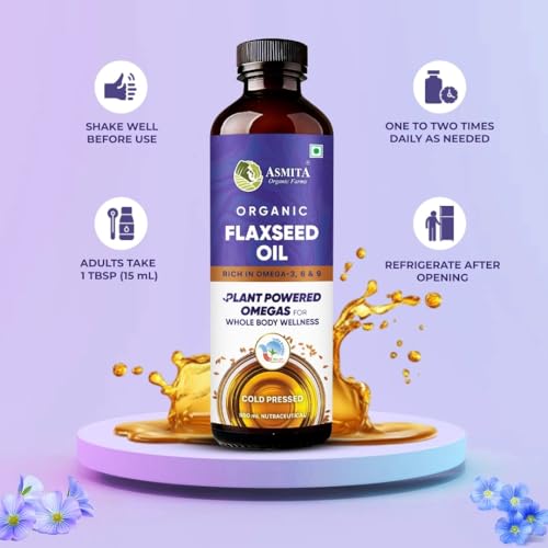 Image of Asmita Organic Farms Cold Pressed Flaxseed Oil, 500ml | Organic, Unrefined Flaxseed Oil for Cooking, Health, Skin, and Hair | Rich in Omega-3 & Antioxidants