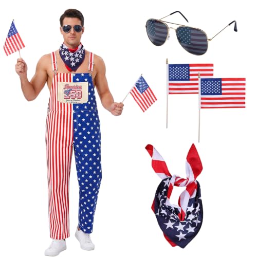 Apparlxer Mens American Flag Overalls, American Flag Bib Shorts Jumpsuits,4th of July Overalls with Accessories Set (US, Alpha, XX-Large, Regular, Regular, D)