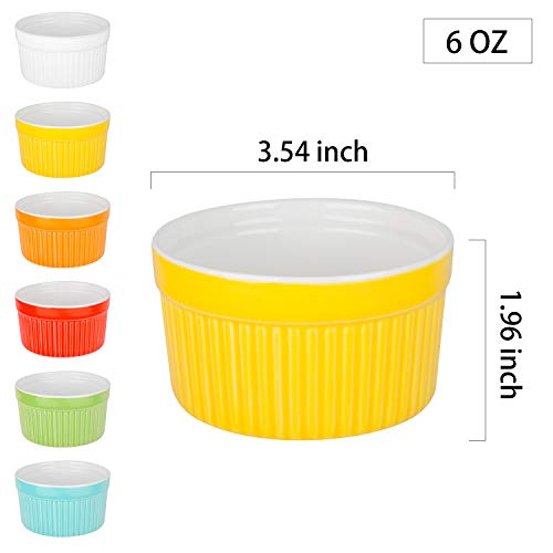 6 Ounce Porcelain Souffle Dishes, Ramekins For Baking, Creme Brulee Dishes, Ceramic Pudding Cup For Jams, Ice Cream and Desserts, Six Colours, Set of 12