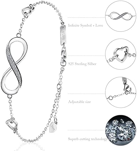 Aucuu 925 Sterling Silver Infinity Bracelet for Women Cubic Zirconia Infinity Symbol Infinity Love Bracelet Adjustable Mother's Day Valentine's Day Gift  with Gift Box