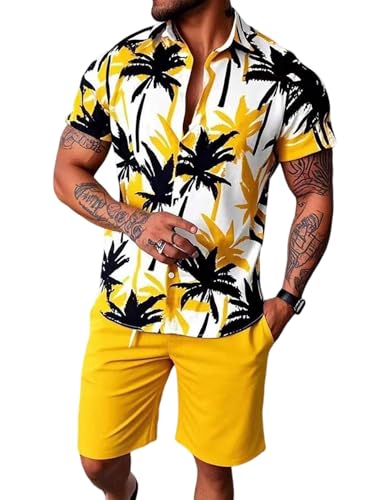 Image of Yimoon Men's Summer 2 Piece Outfits Tropical Print Short Sleeve Button Down Hawaiian Beach Shirt and Shorts Set