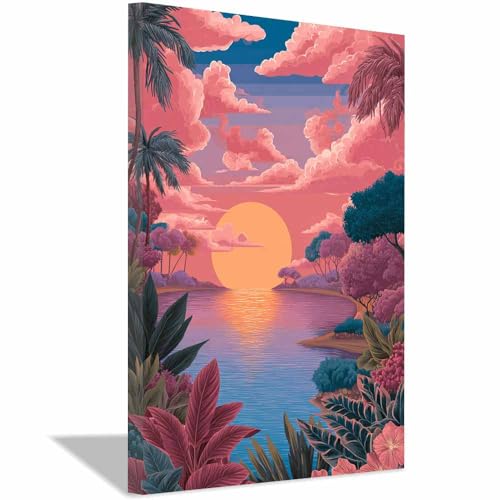 Peinture à l'huile nature et paysage de mer rose 40x60cm CUDAOO