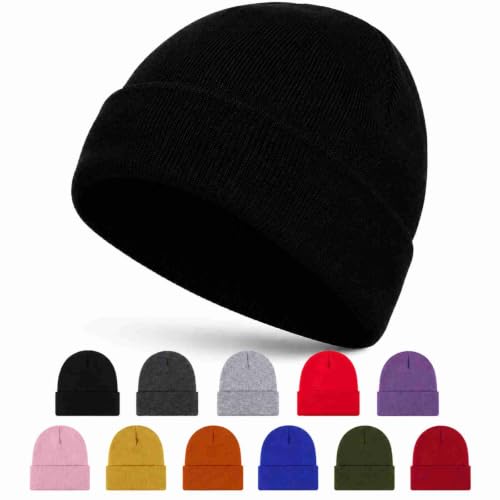 Image of RubyTint Black Ribbed Knit Beanie, Stretch-Fit Unisex Soft Skull Cap
