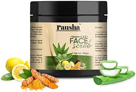 Rausha Face Scrub enriched with Vitamin C & E | Aloevera, Lemon & Turmeric Ext | Tan removal | Blackhead removal | Pack of 1