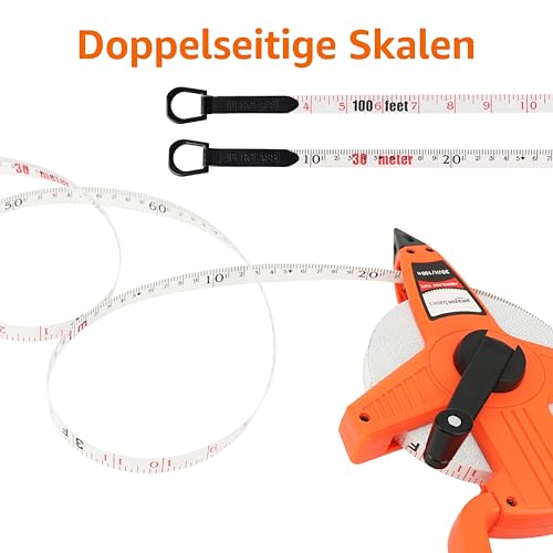 Amazon Basics Offenes Rollbandmaß, Glasfaser, 100 Fuß (30 m) , Skala, stoßfestes Gehäuse, Orange