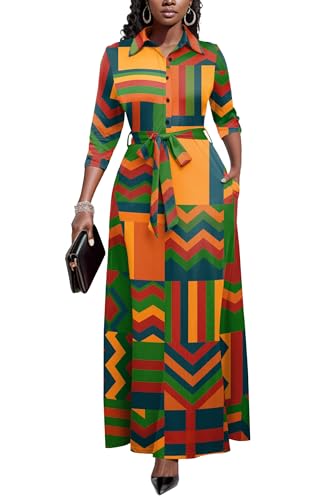 Image of Runwind Women Church Maxi Dresses 3 /4 Sleeve Button Down Print Casual Office Dress African
