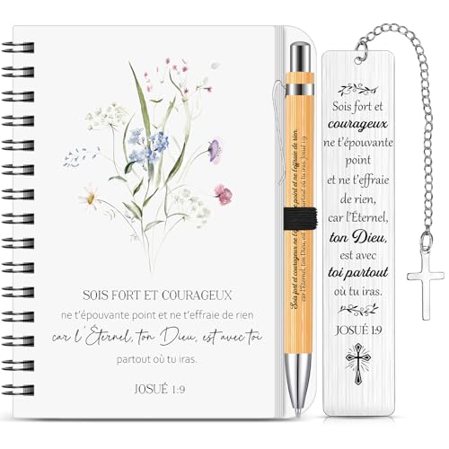 BBTO 3 Piezas Regalo Bíblico Cuaderno Religioso con Flores Marcador Cristiano en Francés Bolígrafo Bíblico Regalos de Comunión Bautismo Confirmación para Familiares, Amigos y Creyentes
