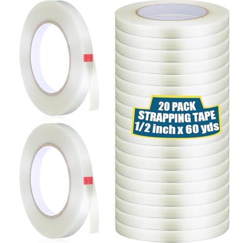Image of Treela 20 Rolls 1 /2 Inch x 60 Yards Filament Strapping Tape Transparent Reinforced Fiberglass 5.5 Mil Heavy Duty Packing Shipping Tape for Sealing Binding Fixing