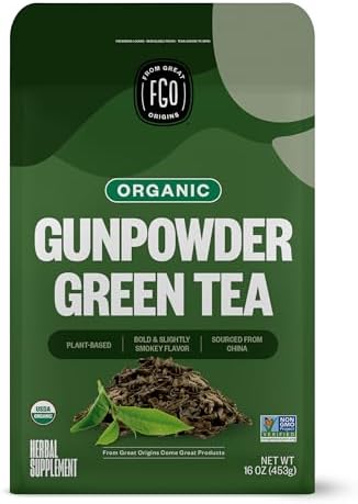 FGO Organic Gunpowder Green Tea, Loose Leaf, 16oz Bulk Resealable Bag, Packaging May Vary (Pack of 1)