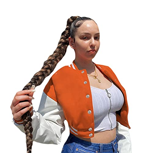 Women s Faux Leather Long Sleeve Baseball Bomber Jacket Patchwork Single Breasted Autumn Winter Short Coat Tops (Orange, S)