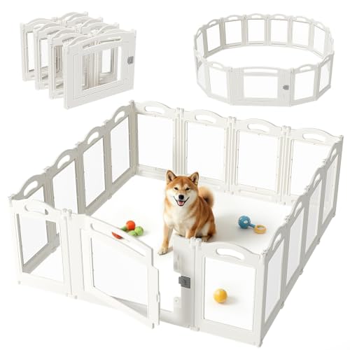 Image of Foldable Clear Acrylic Dog Playpen with Door, 23.6 inch Acrylic Puppy Playpen, Easy Assemble Indoor Pet Fence with White Frame, Clear Dog Playpen for Puppies & Animal (White, 23.6'H, 14 Panels + 1 Door)