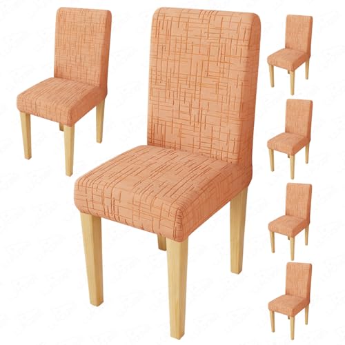 Image of Lukzer Elastic Dining Chair Cover - 6PC Pastel Orange Tangled Lines | Textured High Stretch Jacquard Seat Cover | Removable Washable Short Dining Chair Cover Protector Seat Slipcover | (CC-120-06)