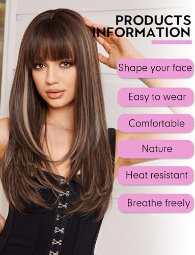 WOKESTAR Brown Wigs for Women Layered Straight Long Wig with Fringe, Brown Mixed Blonde, 25 inch - Image 2