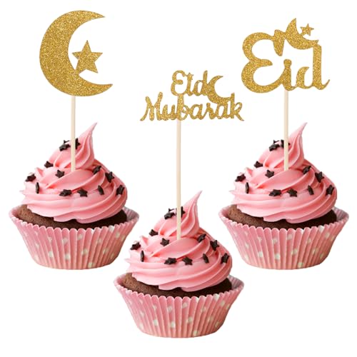 PEUTIER 24pcs Gold Eid Cupcake Toppers, Moon Star Cake Toppers, Ramadan Kareem Decorations