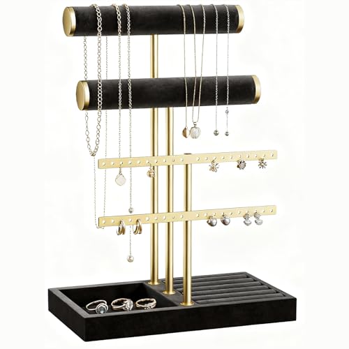 ULIKEUS 3 Tier Bracelet Holder Display Stand T Bar Velvet Jewelry Stand Storage Rack Jewelry Holder Organiser with Tray for Bracelets, Bangles, Necklace, Watches, Rings,Black