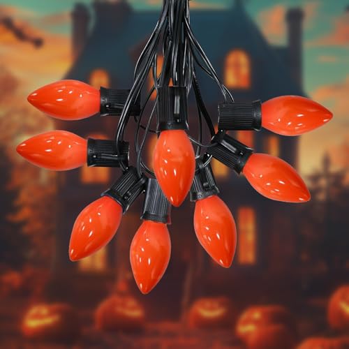 SOTOPOO C7 LED Orange Halloween Lights, 25FT Ceramic Orange String Lights Outdoor Indoor with 25 LED C7 Bulbs, Great for Halloween Decorations Home Yard Door Tree Party (2 LED Spare Bulbs)