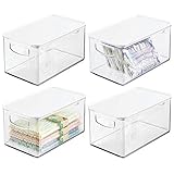 mDesign Plastic Stackable Kitchen Pantry Cabinet, Refrigerator, Freezer Food Storage Bin Box with Handles, Lid - Organizer for Fruit, Jars, Packets, Snacks, Pasta - 10' Long - 4 Pack - Clear/White