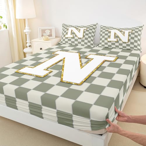 Image of Erosebridal Sage Green Checkered Bed Sheets Full Plaid Initial N Sheet Set Personalized Monogram Bedding Set for Kids Boys Girls,Fashion Grids Gingham Fitted Flat Sheets 4 Piece