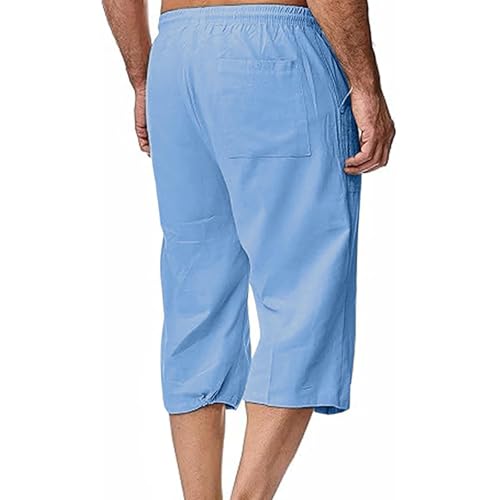 Muscularfit Mens Linen Shorts Capri Pants Baggy Drawstring Elastic Waist Beach Summer Cotton Linen Athletic Shorts Pockets3
