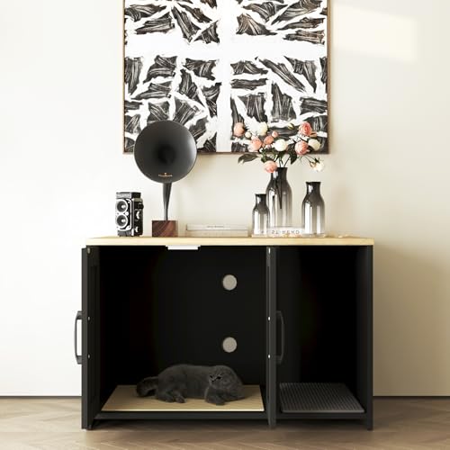 Caixa de areia para gatos, móveis de caixa de areia oculta com 2 portas, banheiro de madeira para ga