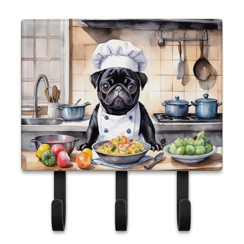 Caroline's Treasures Pug The Chef Leash or Key Holder Wall Hooks, Key Hooks Holder, Coat Rack Wall Mount, Coat Hooks, Hooks for Hanging Keys, Towels, Aprons, Leashes