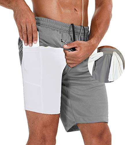 SILKWORLD Mens Mesh Performance Athletic Gym Shorts Sweat Activewear with Compression Shorts & Zipper Pockets, Grey, US X-Large