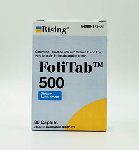 Rising Pharma - Folitab 500 - Elemental Iron With Vitamin C And Folic Acid - 30 Caplets - Helps With Iron Deficiency #TOP8
